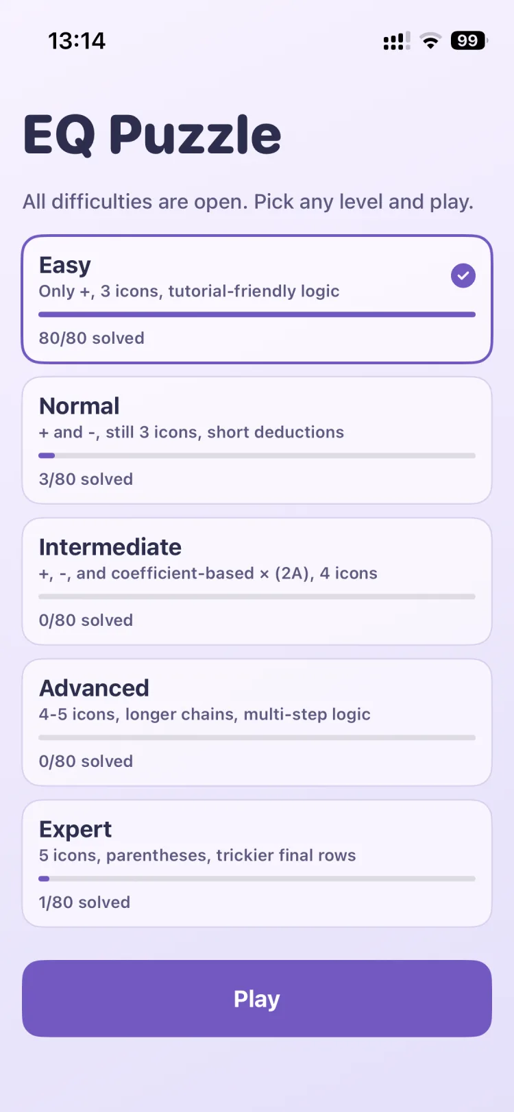 EQ Puzzle difficulty selection screen