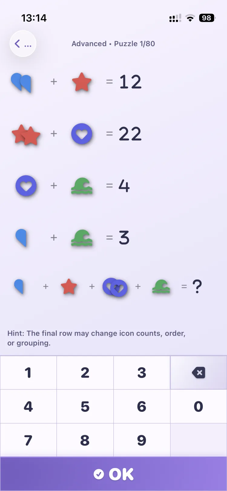 Advanced EQ Puzzle gameplay screen on iPhone